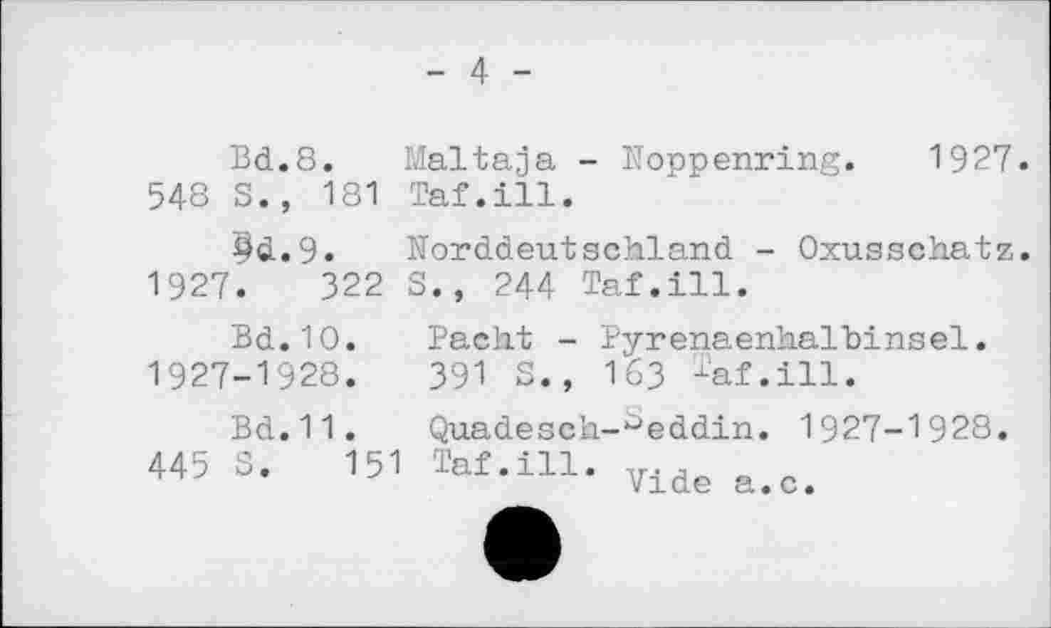 ﻿- 4 -
Bd.8. Maltaja - Noppenring. 1927. 548 S., 181 Taf.ill.
§d.9. Norddeutschland - Oxusschatz. 1927.	322 S., 244 Taf.ill.
Bd.10. 1927-1928.
Bd.11.
445 S. 151
Pacht - Pyrenaenhalbinsel. 391 S., 163 taf.ill.
Quadesch-^eddin. 1927-1928
Taf.ill. -г., л
Vide a.c.